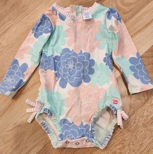 Ruffle Butts Floral Long Sleeve One Piece - Pastel Blue, Pink, and Green